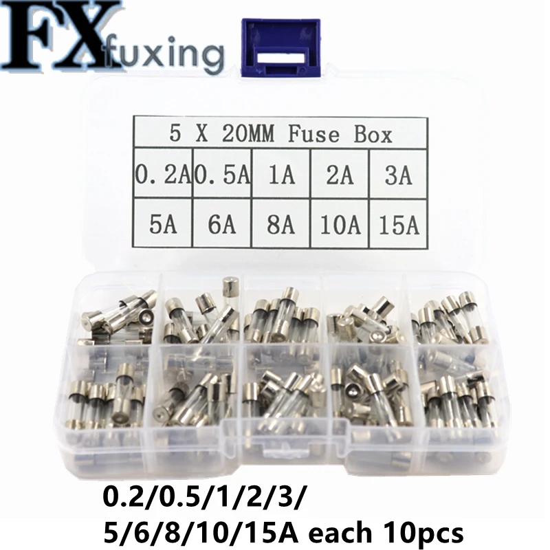 100pcs 5*20 250V Fast-blow Glass Tube Fuses Quick Blow Car Glass Tube Fuses Amp 5X20 with Box 5*20mm 0.2A 0.5A 1A 2A 3A 5A 6A 8A