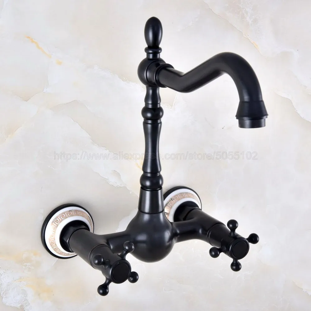 

Oil Rubbed Bronze Wall Mounted Basin Faucets Double Handle Dual Hole Bathroom Sink Swivel Faucet Mixer Tap znf877