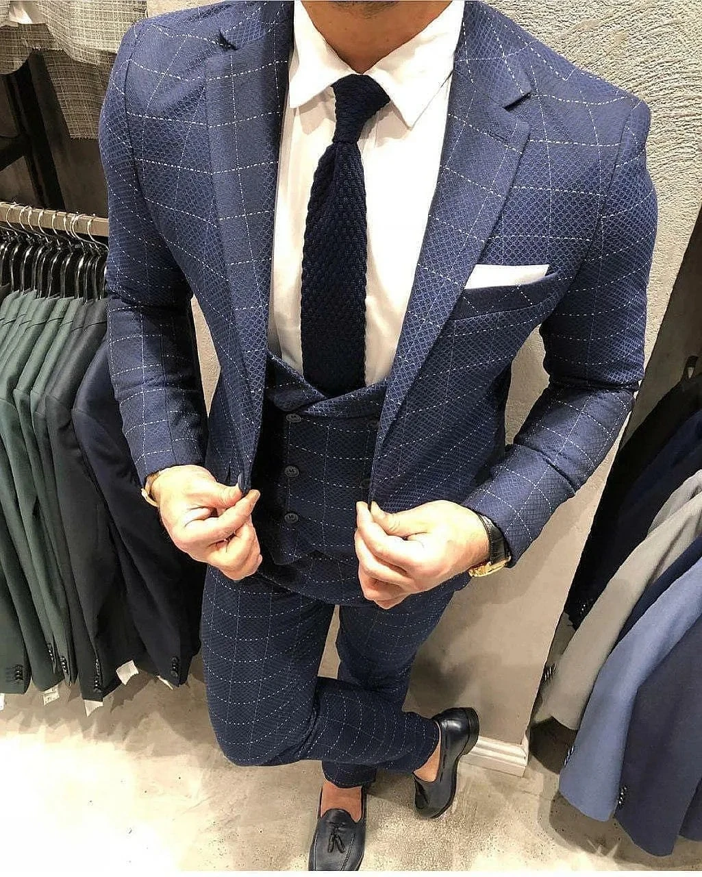 Plaid Formal Business Suit Slim Fit Wedding Groom Suit Custom Plus Size Party Casual Suit Three(Jacket + Vest + Pants)