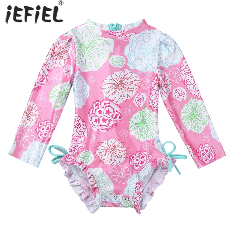 

One Piece Floral Printed Spliced Girls Swimwear Cute Long Sleeve Kids Girls Bikini Bathing Suit Swimsuit Beach Wear