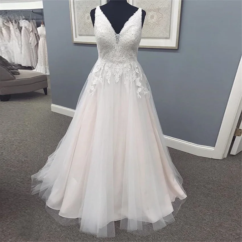 Real fotos v-neck vestidos de casamento sem mangas apliques branco marfim vestidos de noiva sem costas varredura trem vestido de casamento 2020