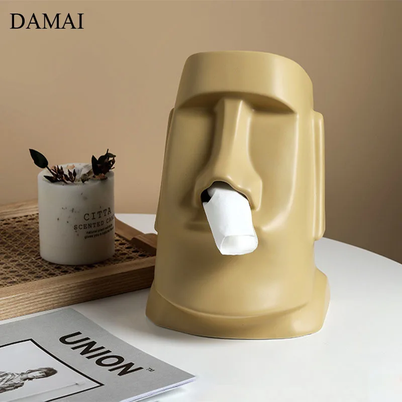 

Moai Statue Ceramic Tissue Boxes Nordic Creative Funny Porcelain Napkin Holder Coffee Table Desktop Decorative Flat Paper Box