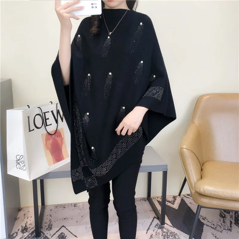 Wholesale Crochet Women Sweater Tassel Scarf Shawl Pearl Embroidery Knit Cashmere Pullover Capes Wool Pashmina Poncho Cloaks