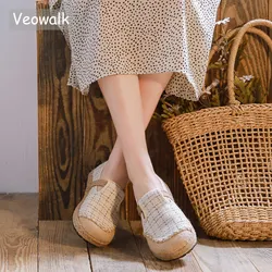 Veowalk Vegan Handmade Women Embroidered Canvas Espadrilles Flats Japanese Style Ladies Comfortable Casual Slip-on Loafers Shoes