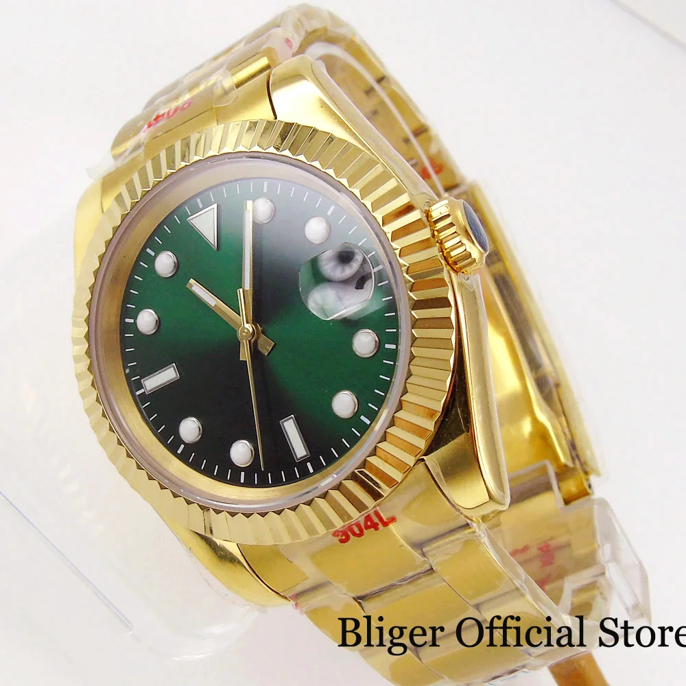 BLIGER Dress 39mm Green Dial Gold Coated NH35A PT5000 Watch Men Fluted Bezel Steel Gold Baton Hands Date Magnifier