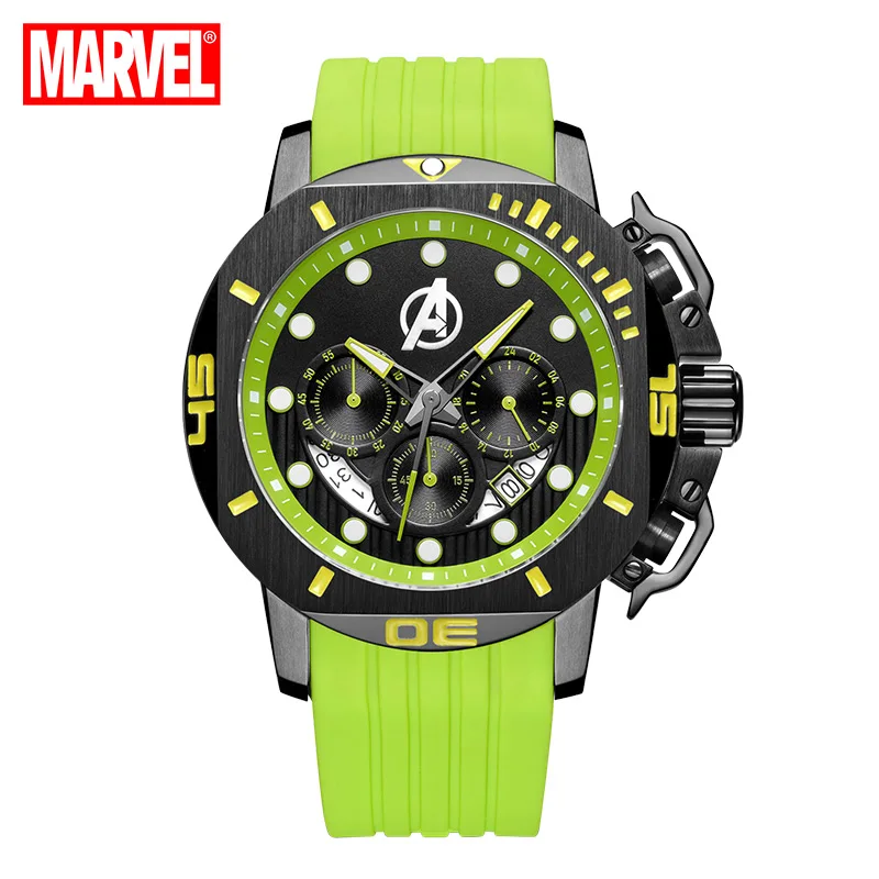 Disney Marvel Official The Avengers Mens Multi-Function Chronograph Quartz Wristwatches Male Clock Green Sport Relogio Masculino