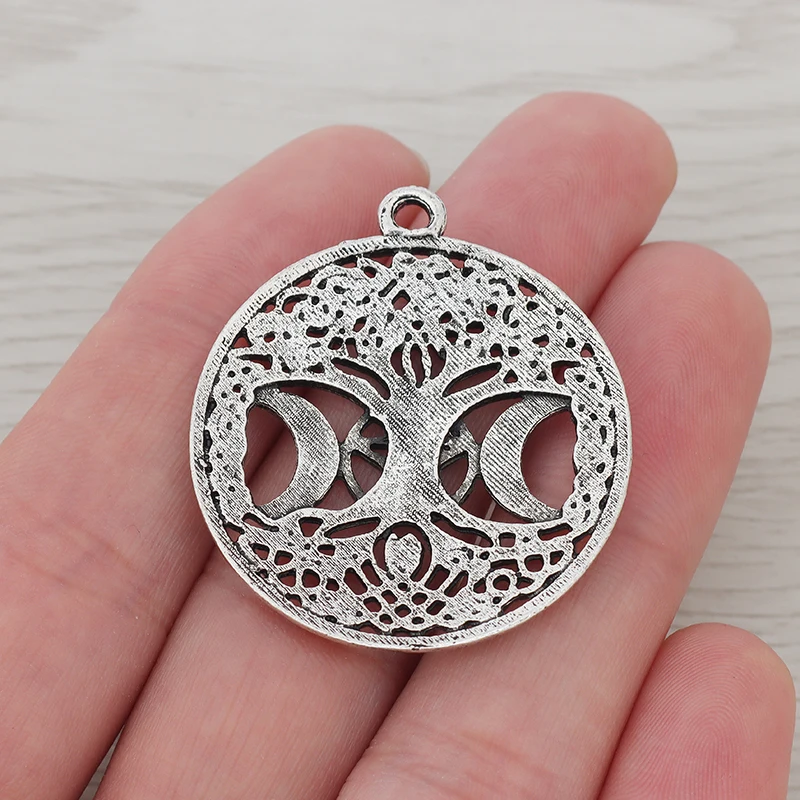 5Pcs Tibetan Silver Triple Moon Goddess Wicca Pentagram Magic Celtics Amulet Tree Charms Pendants for DIY Jewelry Making 35mm