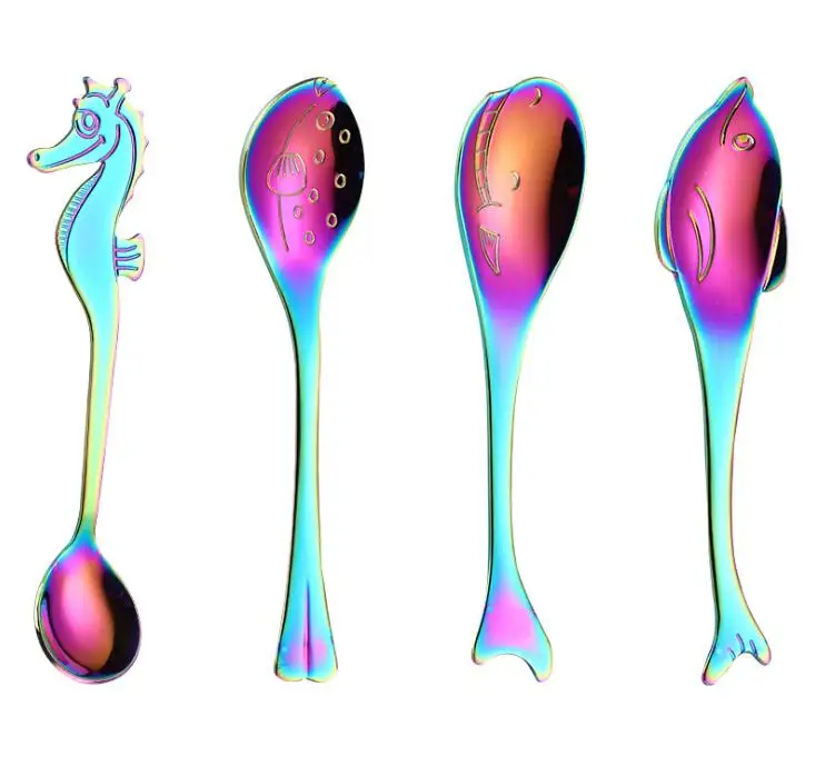 304 Stainless Steel Mirage Tableware fish, seahorse spoon, dolphin, whale, puffer Mixing Spoon Coffee cup Hanging spoon SN2007