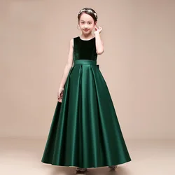 Children Formal Dress Velvet Green Belt Bow Princess Long Skirt High End Prom Christmas Easter Birthday Party Fashion Vestidos