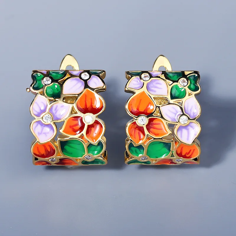 New Ladies Classic 925 Silver Earrings Flower Earrings Colorful Handmade Enamel Jewelry Elegant Party Accessories