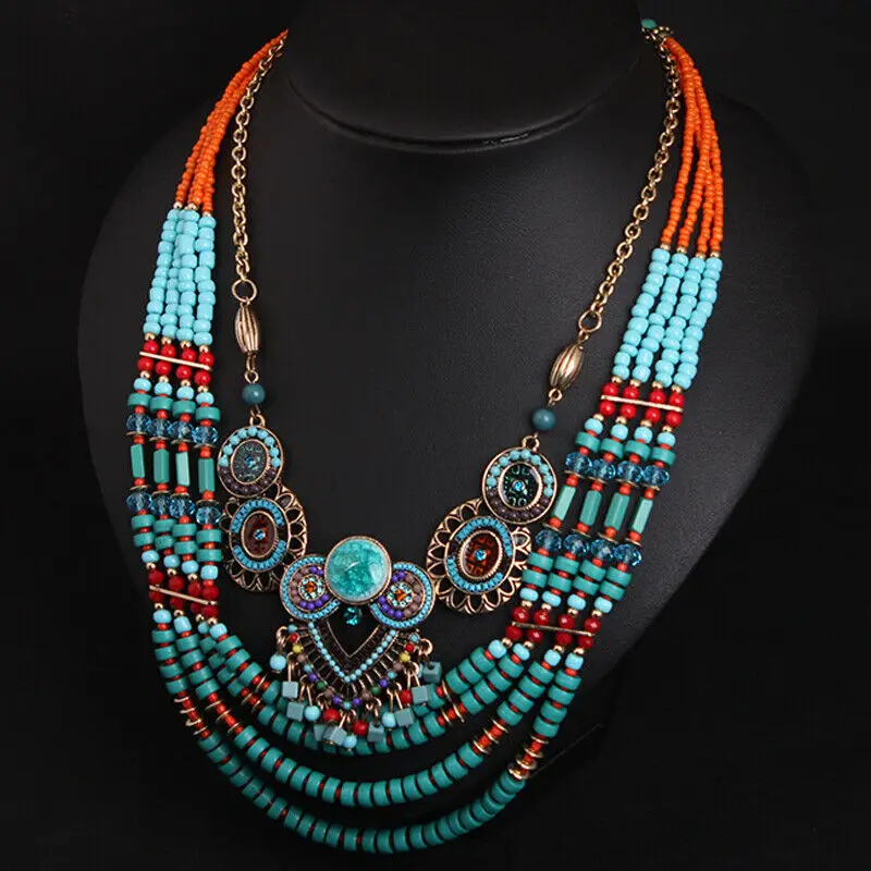 New Vintage Bohemian Statement Necklace Beads Layered Choker Bib Collar Pendant Necklaces Women Ethnic Boho Tribal Gypsy Jewelry