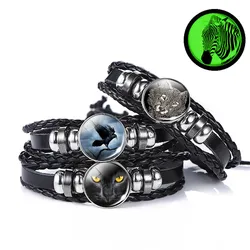 Cool Animal Bangle Bracelet for Men Women Jewelry Handmade Black Leather Hombre Pulseras Luminous Glass Cabochon Pulseras Mujer
