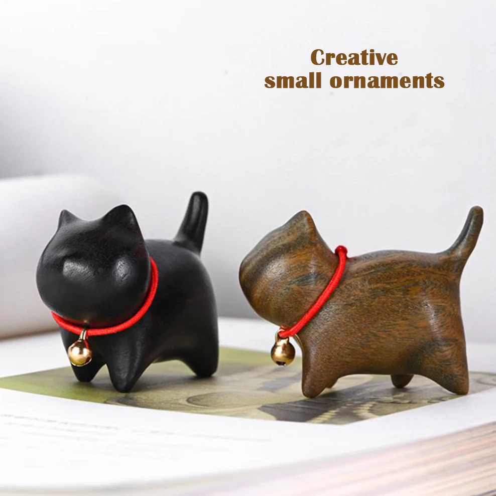 2PCS Ebony Carved Bell Kitten Green Sandalwood Cute Cat Handle Play Piece Pen Holder Home Decor Ornaments Woodcarving Animal