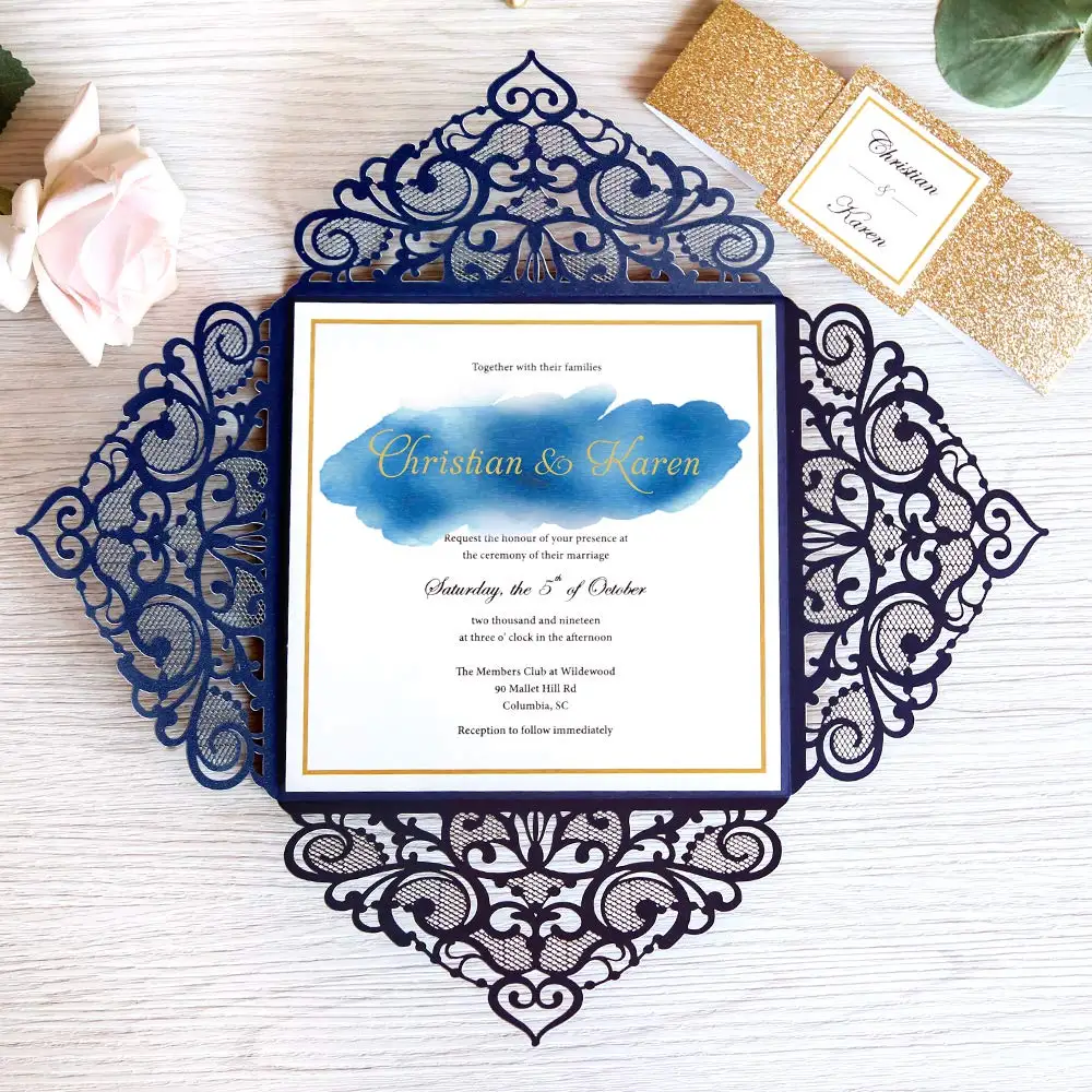 

50pcs Navy Blue Square Glitter Paper Laser Cut Wedding Invitation Card With Personalized Wedding Decor Party Supplies