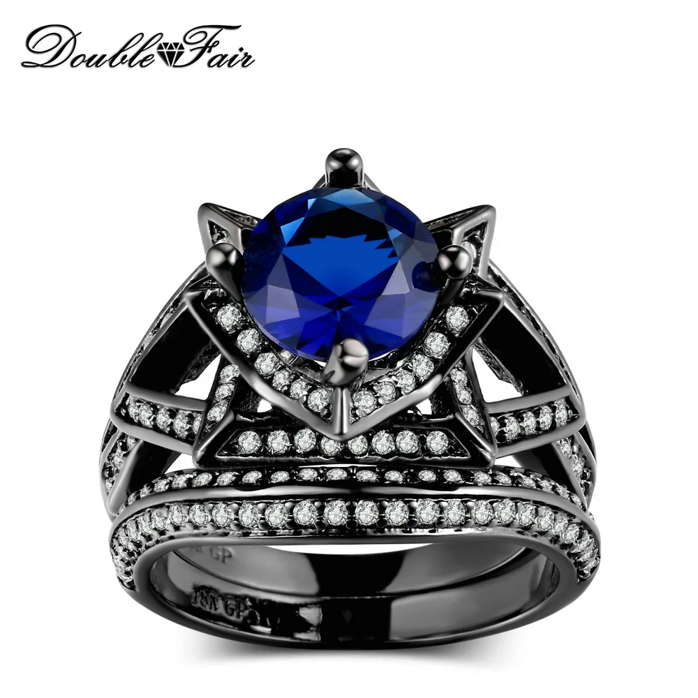 Double Fair Brand Cubic Zirconia Blue Crystal Rings Sets Black Gold Color Engagement Party Ring Sets Women Jewelry Gift DFR703