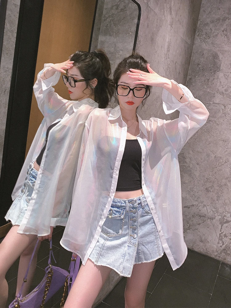 New come !Chiffon Laser Symphony Sunscreen Lantern Sleeve Jersey Jacket Iridescent Rainbow Hologram Shirt Transparent Loosen