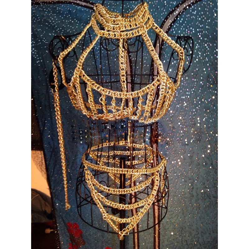 ชุดแสดงบนเวที บาร์ ไนท์คลับ โชว์ บรา โซ่ทอง เสื้อคลุมสั้น ชุดเซ็กซี่สำหรับผู้หญิง ชุดแสดงบนเวที ชุดเต้นรำในไนท์คลับ