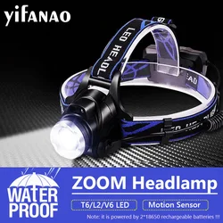 10000000LM IR Sensor LED Headlight Fishing Headlamp V6/L2/T6 Waterproof Head Lamp Torch Zoomable Forehead Lamp Use 18650 Battery