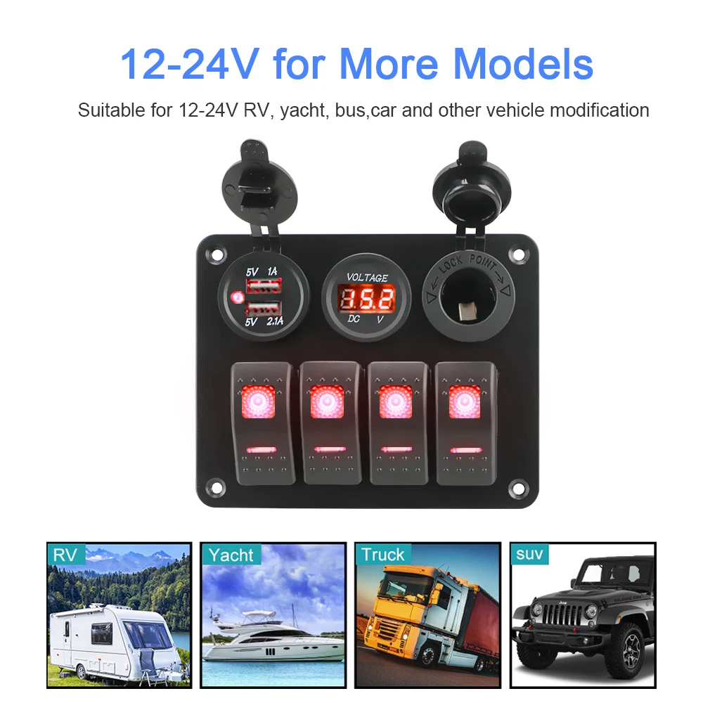 6 Gang Marine Toggle Rocker Switch Panel Waterproof With 12V-24V LED Voltmeter 3.1A Dual USB Charger Cigarette Lighter Socket