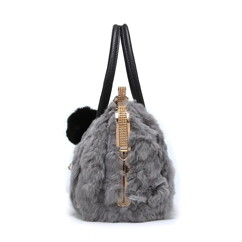 2024 winter new  bag 100% rabbit fur shoulder bag winter fashion ladies Plush Diamond ball tassel luxury women designer handbags