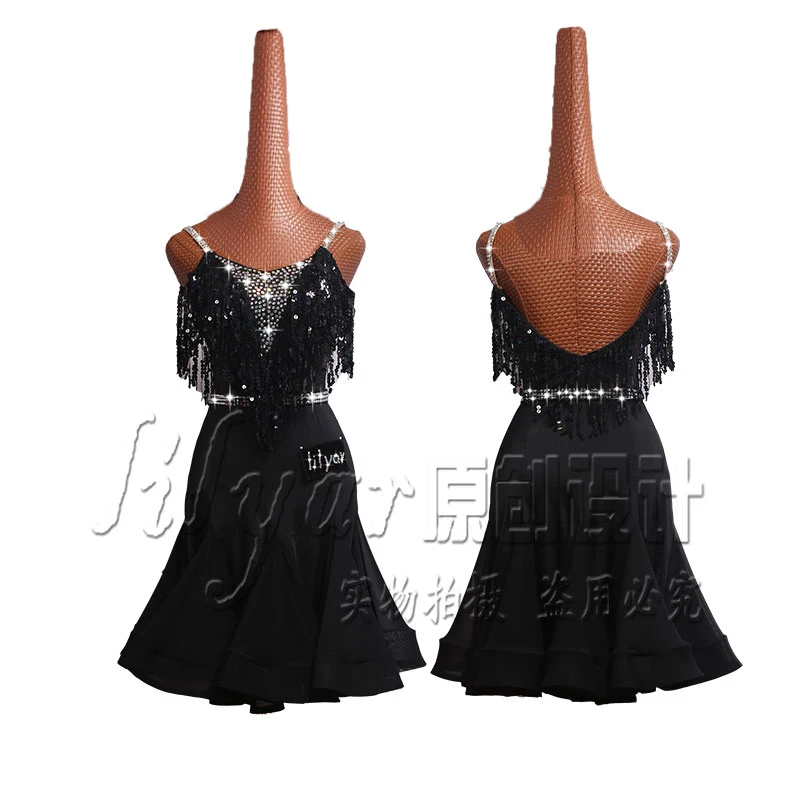 Latin Dance Dress Latin Skirt Competition Dress Costumes Performing Dress Adult Customize Children Black Fishbone Skirt Slim Fit