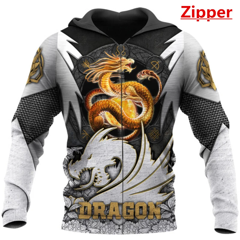 New Fashion Viking Style Hoodie Yellow Dragon Pattern 3D Printed Zipper Hoodie Unisex Harajuku Casual Sweatshirt DYI269