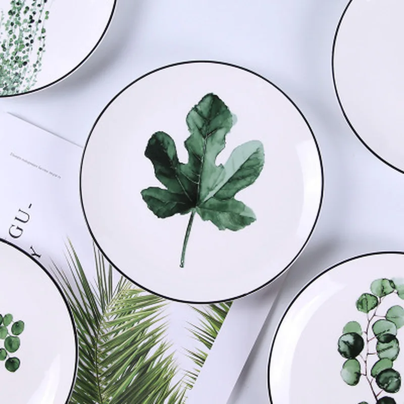 Ceramic 8 Inch Plate Plant Large Round Green Black Line Hotel Porcelain Western Salad Dish Home Kitchen Supplies Tableware