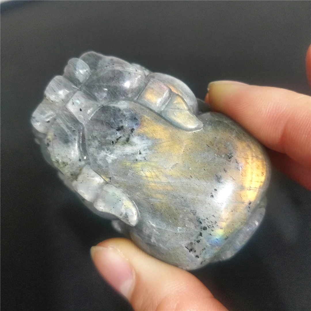 Natural Flash Labradorite Quartz Carved Pi Xiu Feng Shui Statue Mythical Wild Animal Folk Plutus Prosperous Wealth Peace Of God