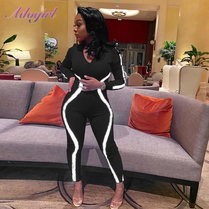 

Fitness Casual Reflective Stripe Long Sleeve Stitching Zipper Sportwear Jumpsuit Women Outfit Party Club Rompers Workout Overall