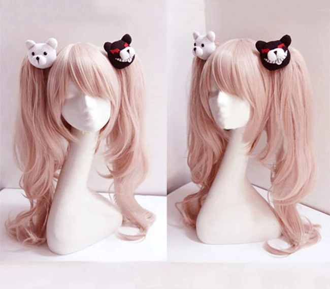 

Dangan Ronpa Danganronpa Enoshima Junko Cosplay Wig Pink Long Wavy With Ponytail Clip Heat Resistant Cosplay Wig + Bear Hairpins