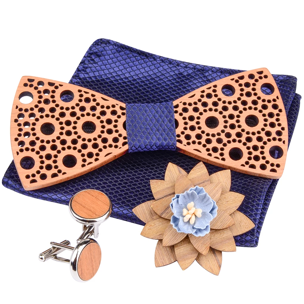 New Design 100% Wooden Hollow Wood Bow Ties Bowtie With Pocket Square Cufflinks Brooch For Men Christmas Gift Set With Box Ties