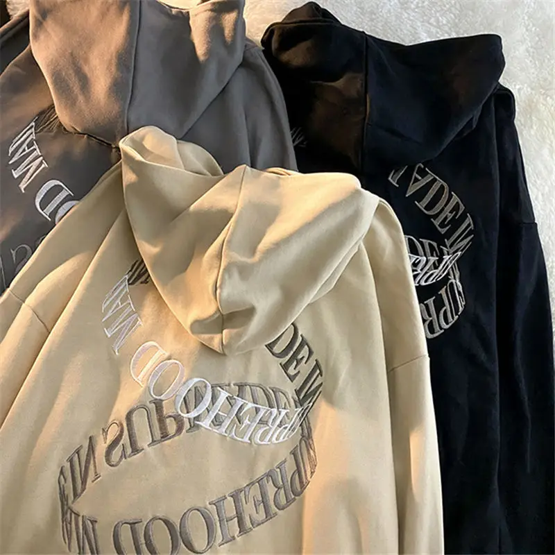 Retro Embroidered Zip Up Sweatshirt Harajuku Oversized Hoodies Korean Style Loose Letter Print Long Sleeve Grunge Goth Hoodies