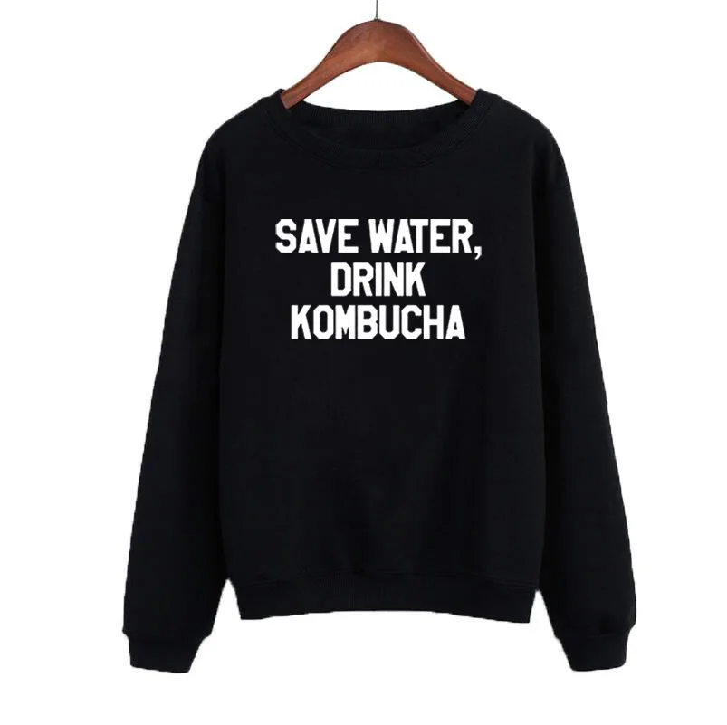 

Cute Save Water Drink Kombucha Fashion Graphic Teen Sweatshirt Womans Round Neck Pullover Hoodie Tops Black White