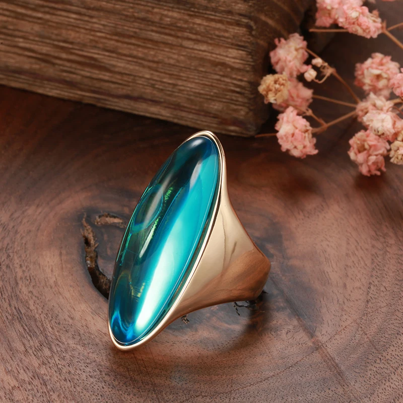 New Minimalism Golden Rings Large Glossy Misty Green Stone Transparent Blue Slender Finger Rings Gold Plated Rings Party Jewelry