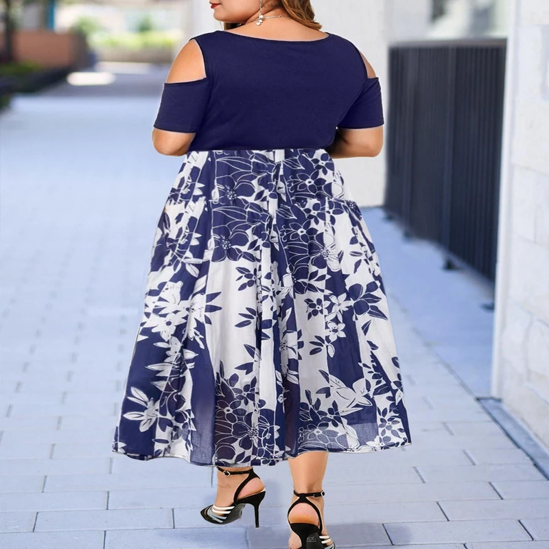 Women's Round Neck Off Shoulder Hollow Short Sleeve Printed Elastic Waist Dress, Summer Fashion, New, Large Size, image 2