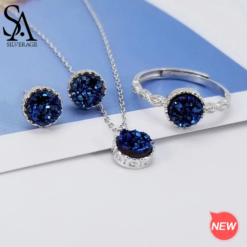 2020 925 Sterling Silver Round Blue Agate Crystal 3-pieces Set Pendant Necklace Stud Earrings Wedding Rings Jewelry Set