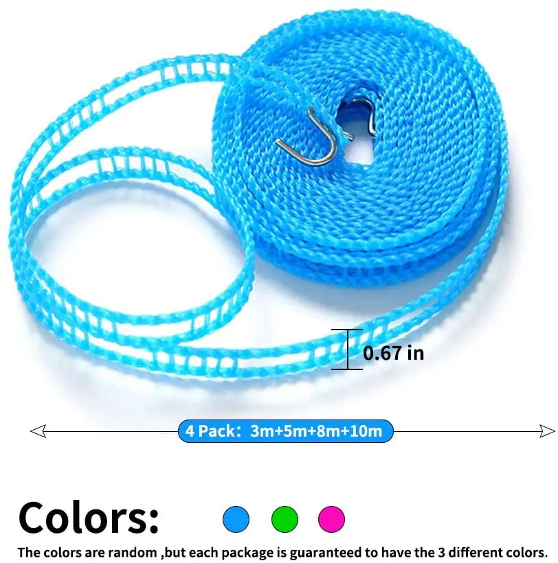 Wäscheleine 3 Stück – Je 5 M, Blau, Rosa, Grün, Winddicht, Für Camping & Zuhause