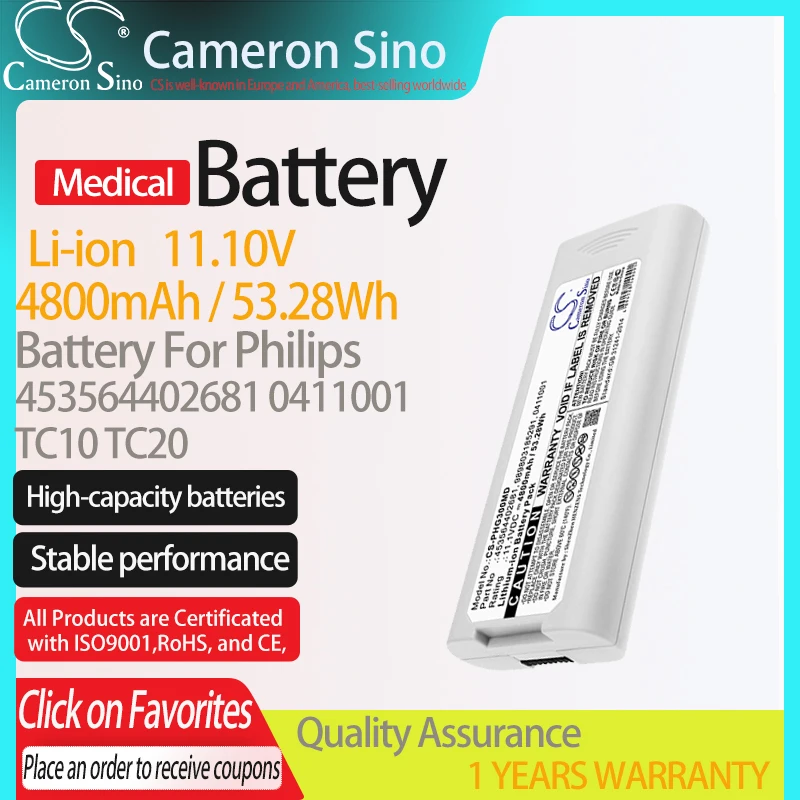 CameronSino Battery for Philips TC10 TC20 fits Philips 0411001 453564402681 Medical Replacement battery 4800mAh/53.28Wh 11.10V