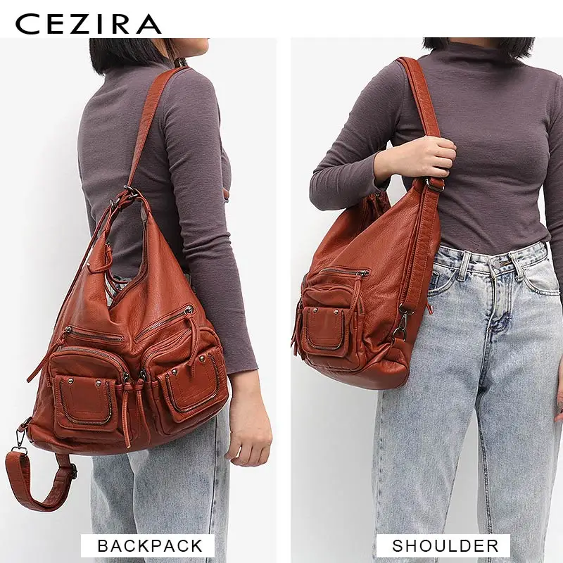 CEZIRA Large Soft Casual Women Bags Functional Girl School Backpack PU Leather Bag Ladies Multi Pockets Messenger&Shoulder Bag