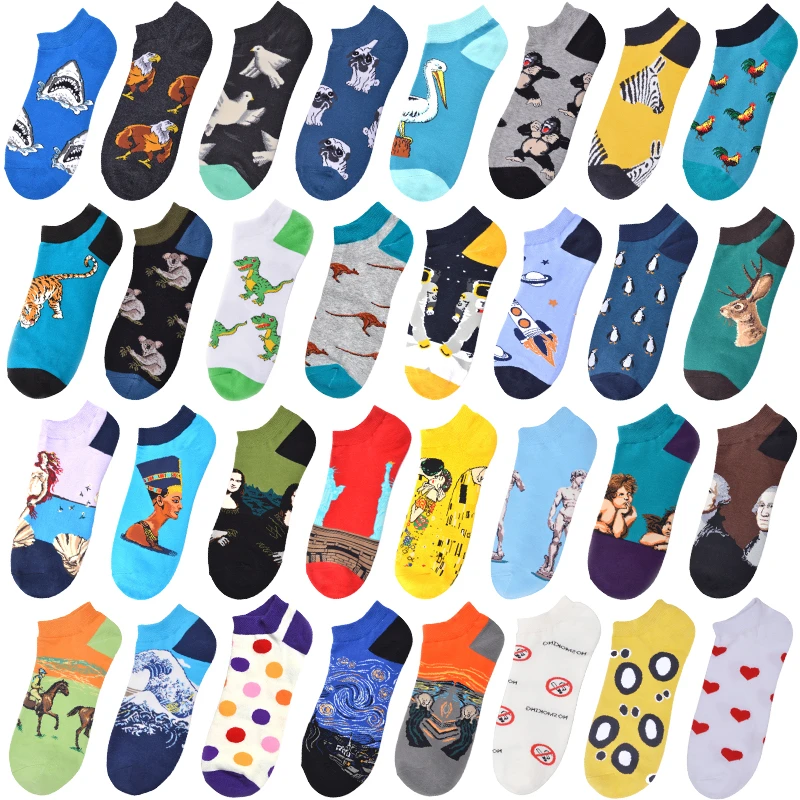 Funny Cartoon Printed Socks Men Fashion  Spring Summer Harajuku Socks Cute Dog Shark Starry Sky Hip Hop Short Novelty Sokken