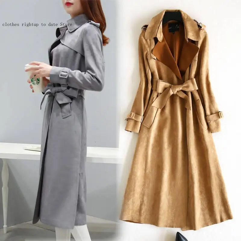 Khaki Red Pink Large Size Faux Suede Coat Autumn Spring Long Faux Leather Suede Trench Women  Fall Ladies Korean