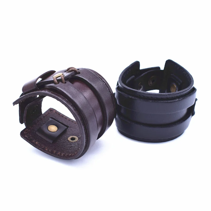 Punk Black with Brown Double Wide Leather Bracelets Adjustable Button Cuff Bangles for Men Friendship Bracelet Fashion Jewelry