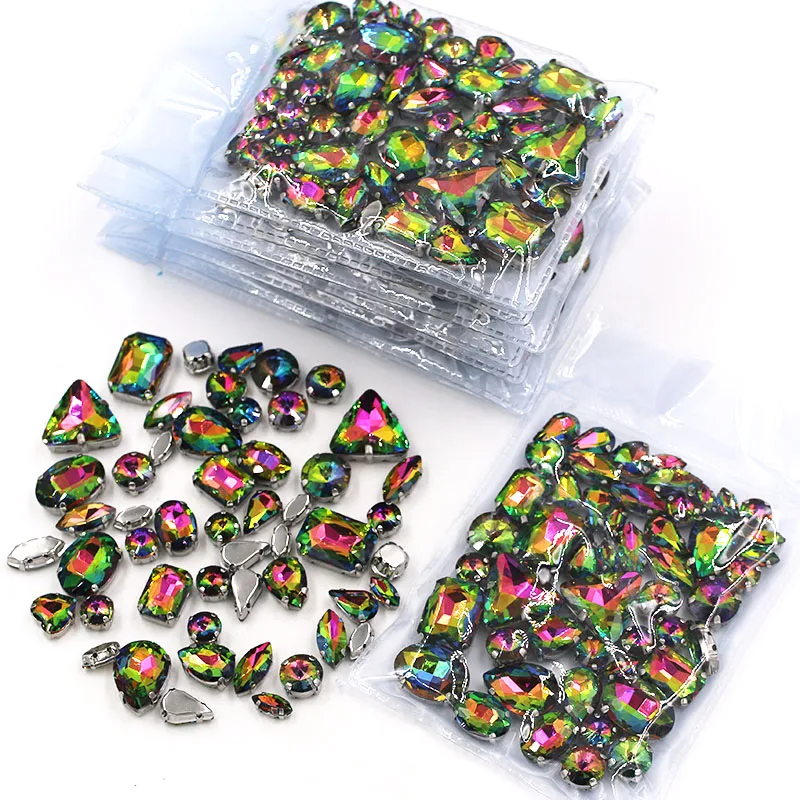 New arrival Wholesale 5 bags mixed shape sew on glass crystal Rainbow rhinestones for clothing/dress