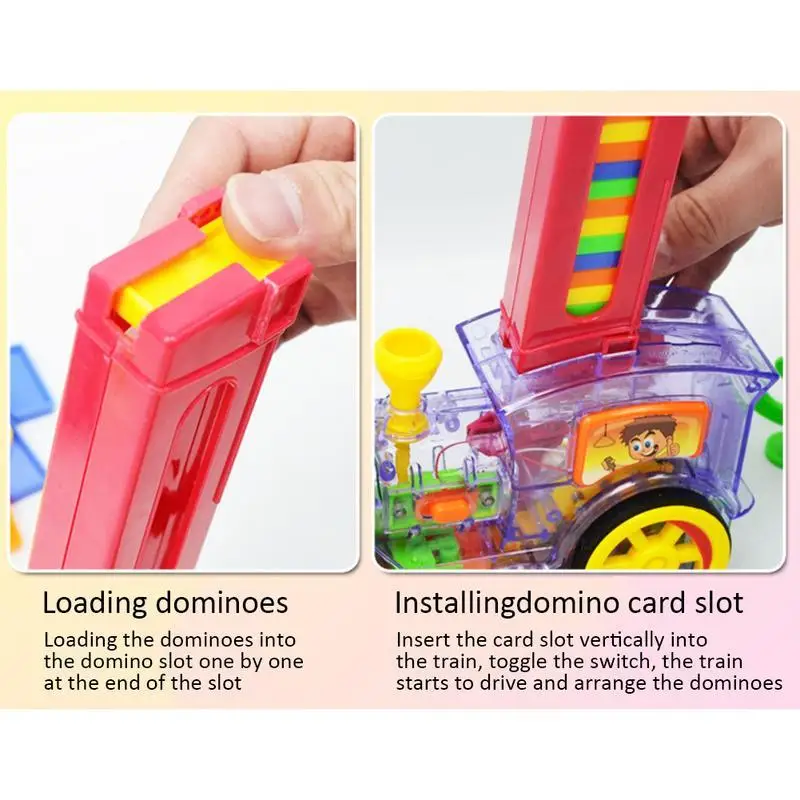 Elétrico automático deitado dominó tijolo trem blocos de construção, foguete colorido brinquedos para crianças, jogo educativo, presente