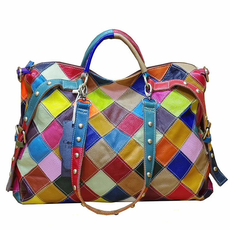 Genuine Leather Women\'s High Quality Casual Design Colorful Handbag Shoulder bag Ladies Color Block Tote bag 600