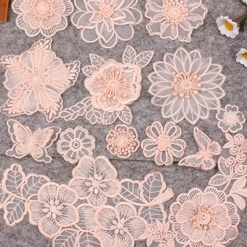 Iron on Flesh Pink Lace Flower Butterfly Embroidered Patches for Clothing Sew Clothes Wedding Organza Dress Applique Sticker Diy