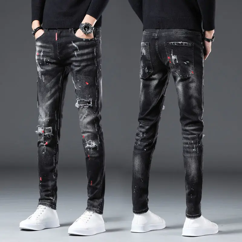 Men’s Light Luxury Stretch Denim Pants,Korea version Slim-fit Trendy Prints Black Jeans,High Quality Holes Patches Ripped Jeans;