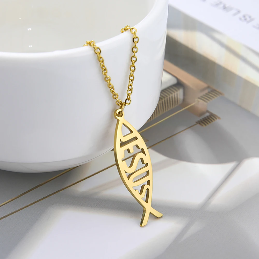 Cazador christian jesus fisch anhänger halsketten für frauen männer hohl edelstahl halsband schmuck geburtstag mutter geschenke 2024