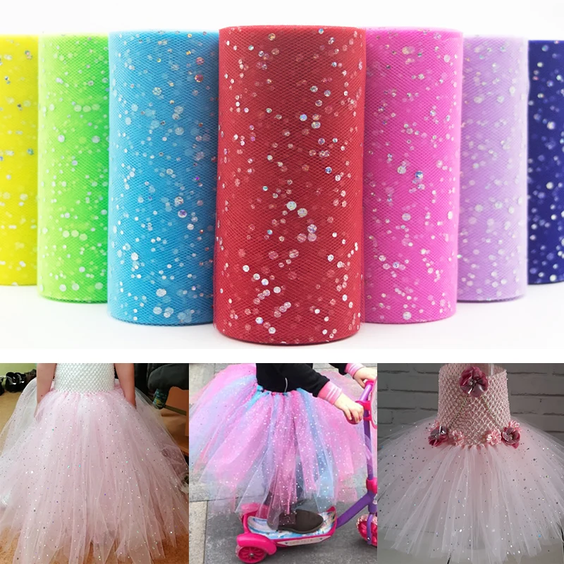 25 Yards 15cm Glitter Sequin Tulle Roll Tutu Fabric Wedding Decoration Organza Laser DIY Crafts Birthday Party Supplies White