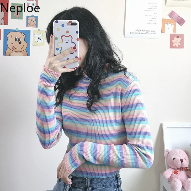 Neploe Rainbow Striped Sweater Y2K Cropped Tops Turtleneck Long Sleeve Pullover Women Sweaters Korean Patchwork Clothes Pull